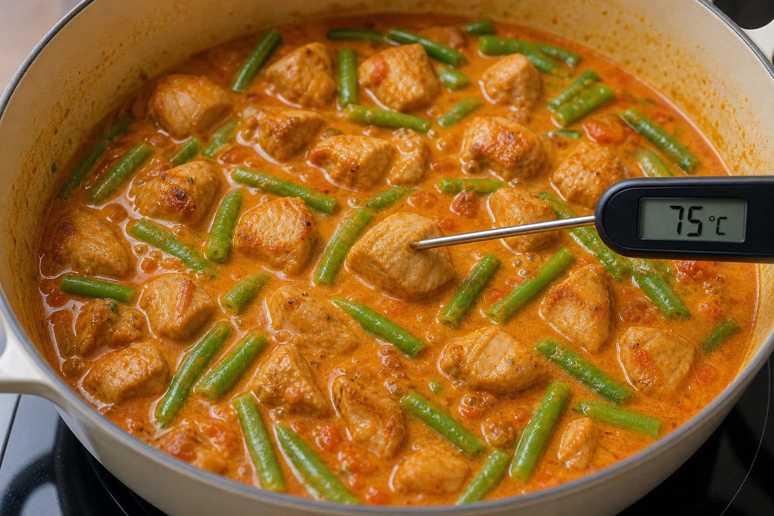One-Pot Chicken Curry, step 5, Cook the beans and verify 75°C: Beans are bright green with a tender snap, and every tested chicken centre reads at least 75°C.
