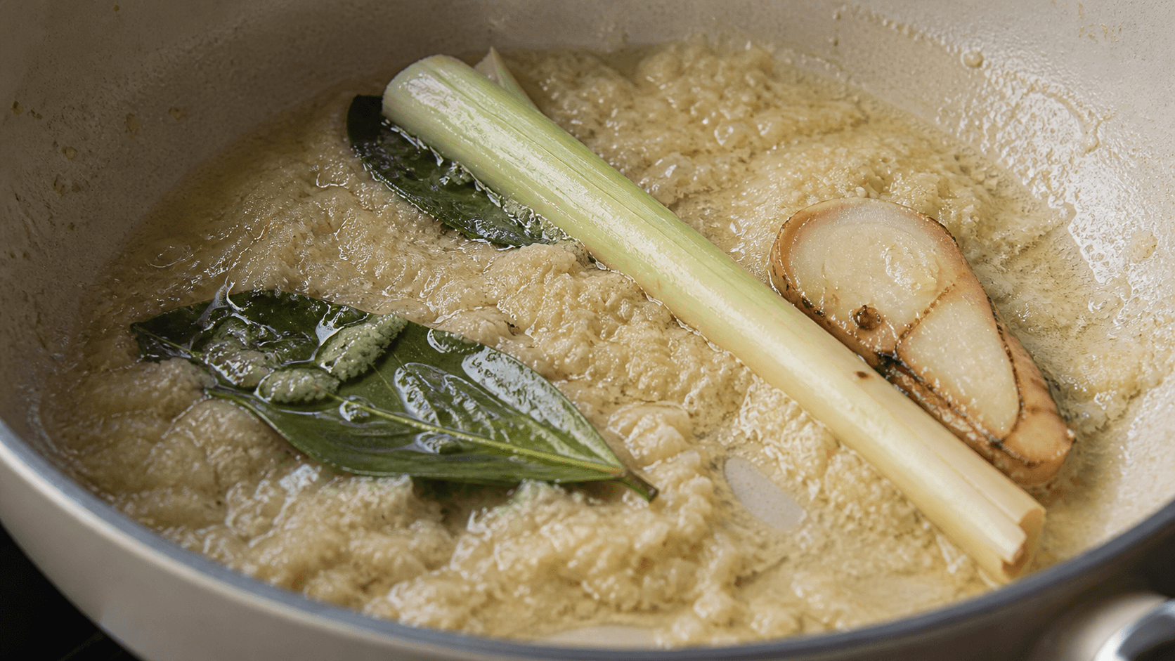 Opor Ayam, stage 2: Fry until glossy