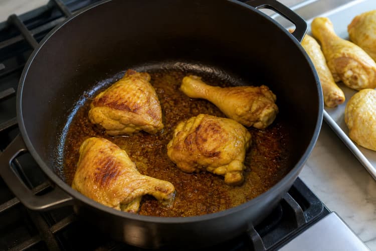 Penang Nyonya Kari Kapitan method step 2, Season and bronze the chicken in batches: Chicken has bronze patches and lifts cleanly, while the pot fond is chestnut brown rather than black.