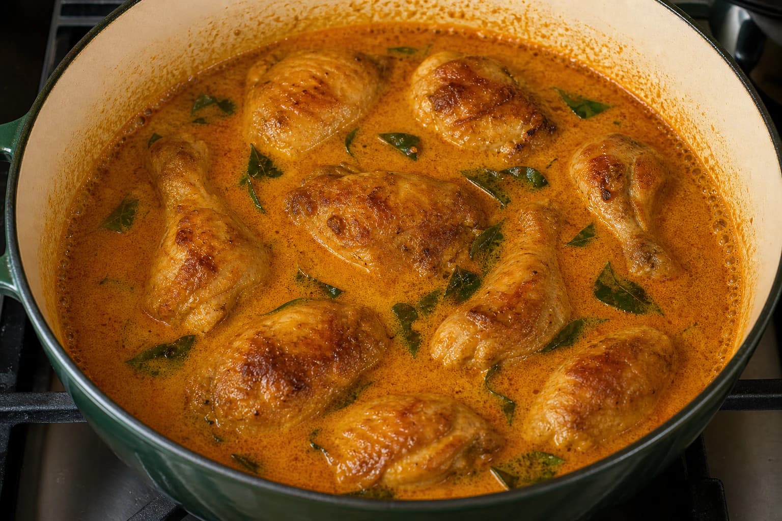 Penang Nyonya Kari Kapitan, step 4, Build a quiet coconut braise: The sauce is an even gold-red emulsion and small bubbles gather around the chicken without a rolling boil.