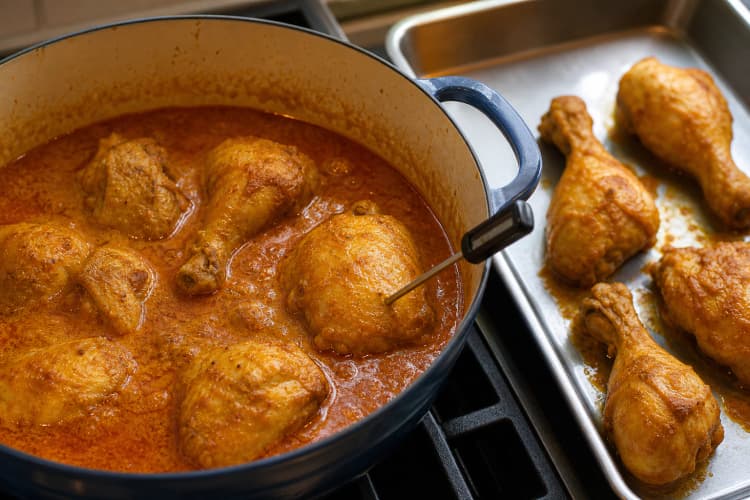 Penang Nyonya Kari Kapitan method step 5, Braise every piece to 75°C: Every piece is at least 75°C, the joints flex readily, and the chicken stays intact under the tongs.