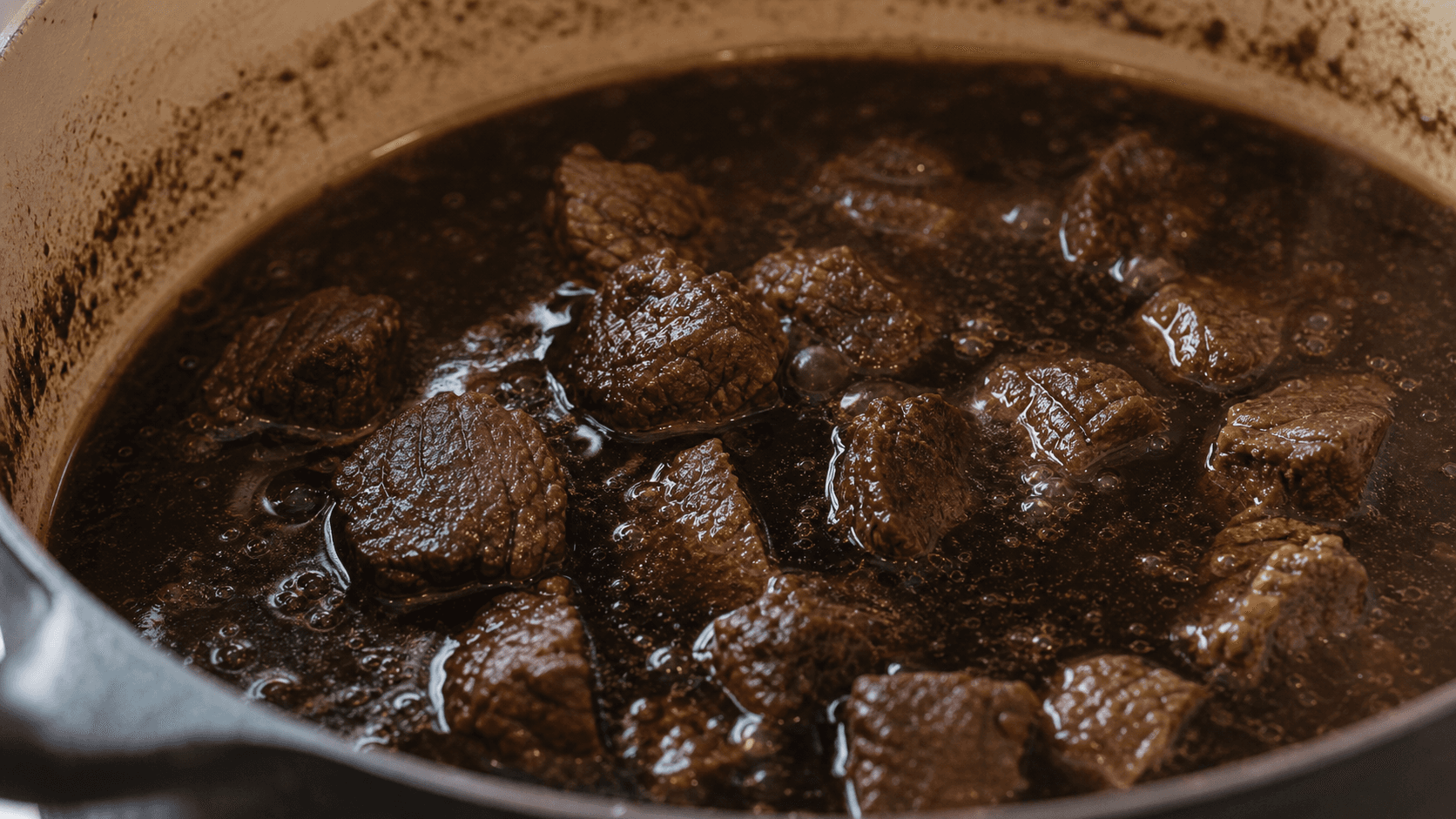 Rawon, step 3, Simmer beef: Dark broth and tender beef edges.