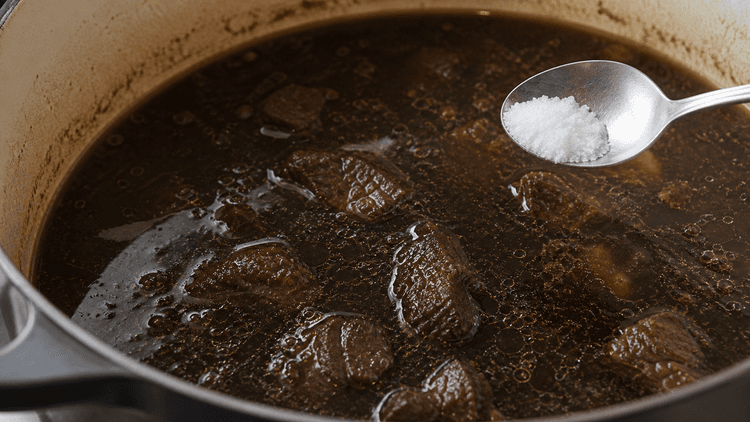 Rawon method step 4, Balance the broth: Deep black broth with savoury finish.