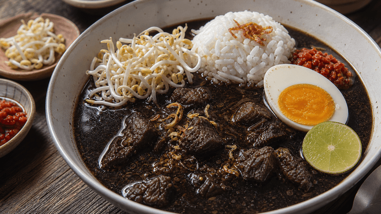 Rawon method step 5, Serve with contrast: Black broth against pale sprouts.