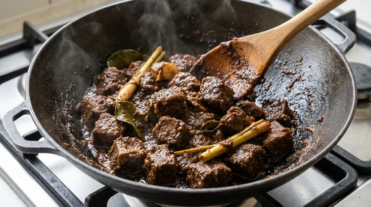 Rendang method step 4, Reduce to dry rendang: No loose sauce; the spoon drags through dark coconut paste.