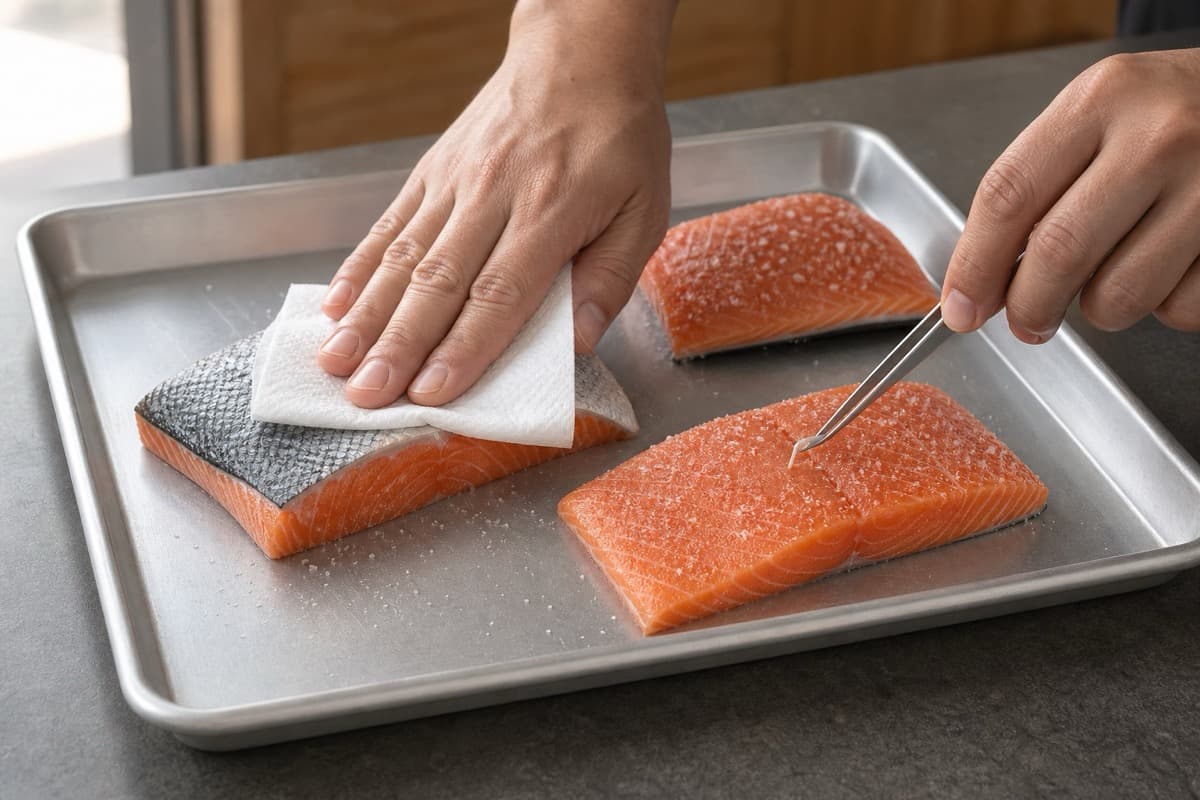 Crispy-Skin Salmon Sambal Matah, stage 1: Dry, de-bone, and salt the salmon