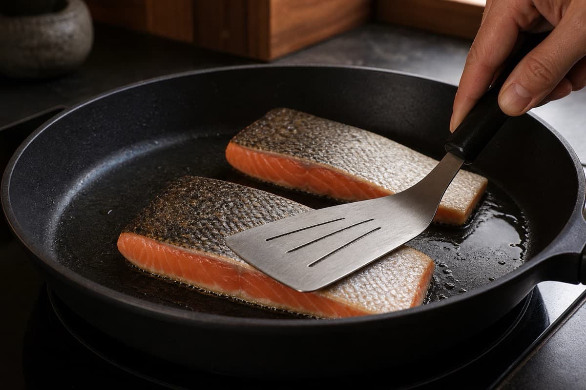 Crispy-Skin Salmon Sambal Matah, step 5, Press salmon skin-side down: The whole skin stays in contact with the pan and the fillet lies flat without curling.