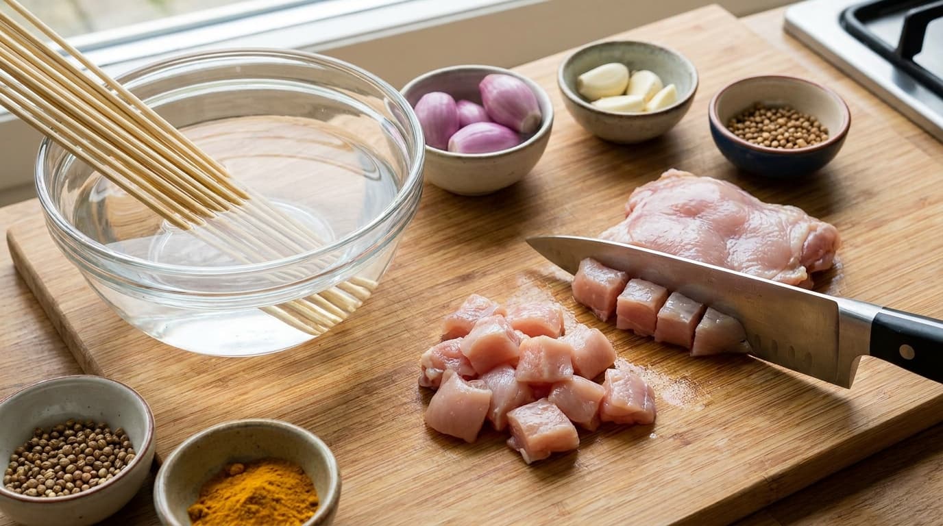 Sate Ayam, stage 1: Soak and cut
