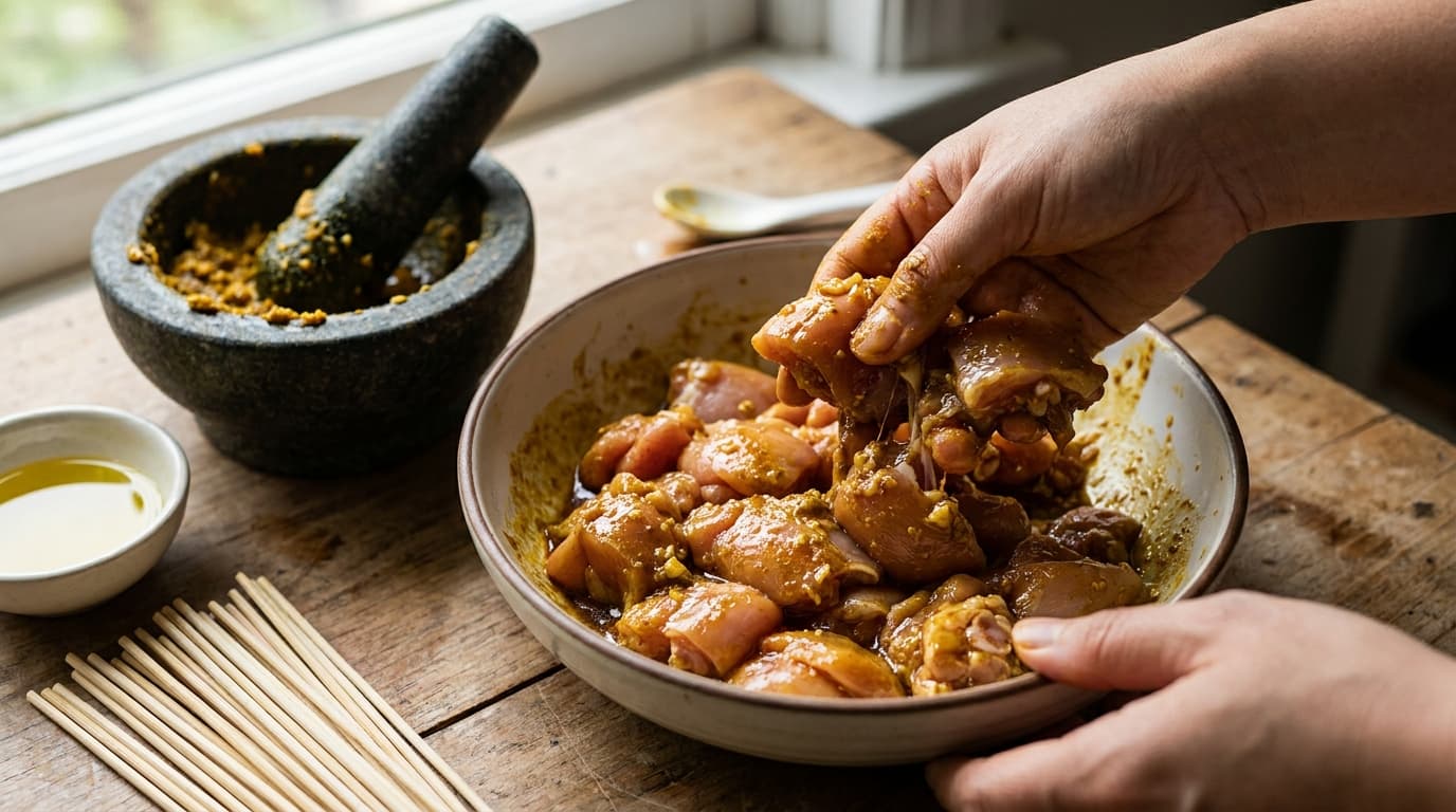 Sate Ayam, step 2, Marinate: Gold-brown marinade clings without pooling.
