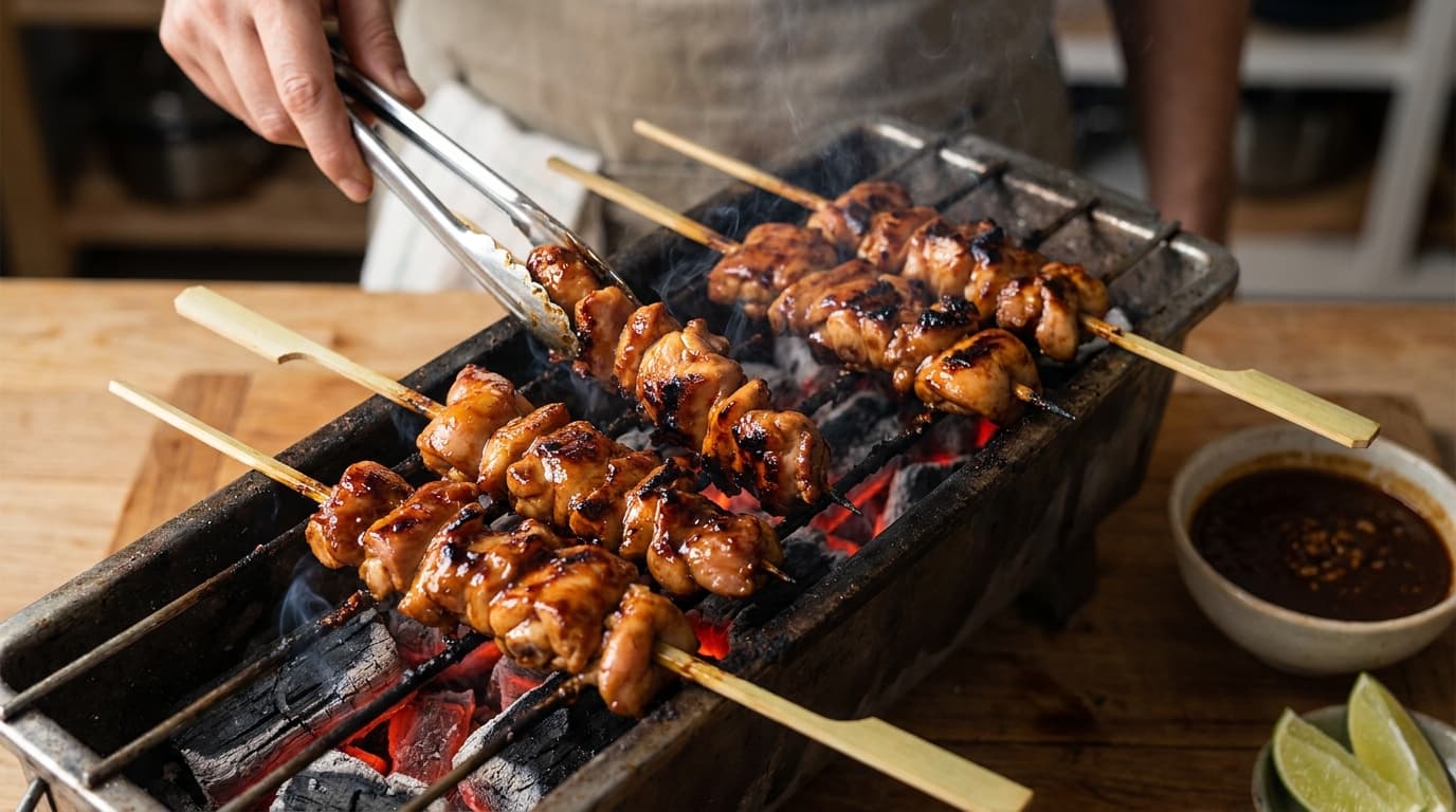 Sate Ayam, step 4, Grill hot: Charred edges with plump centers.