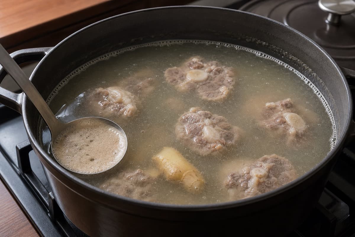 Sop Buntut, step 2, Start a clear bare-simmer stock: Pale clear stock quivers quietly around clean oxtail pieces; there is no rolling turbulence.