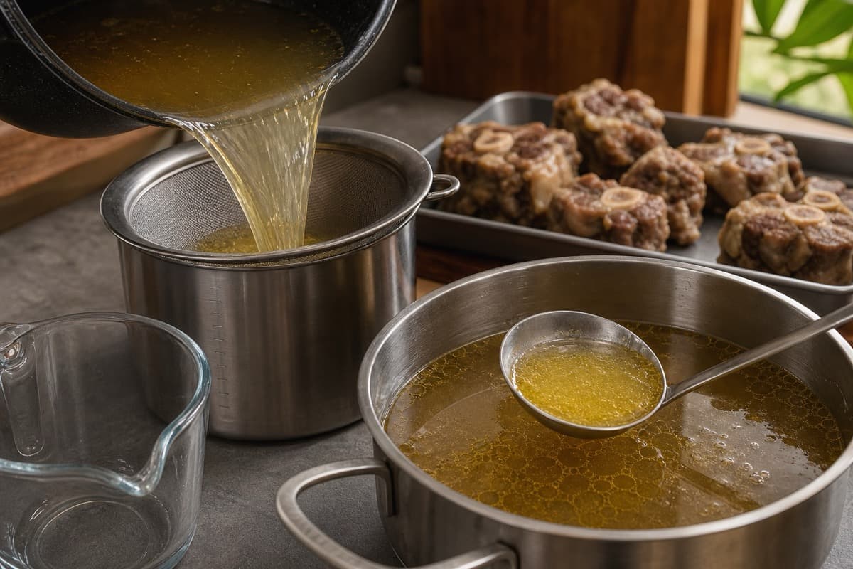 Sop Buntut, step 5, Strain, de-fat, and standardise: The measured broth is clear amber with only tiny separate fat droplets.