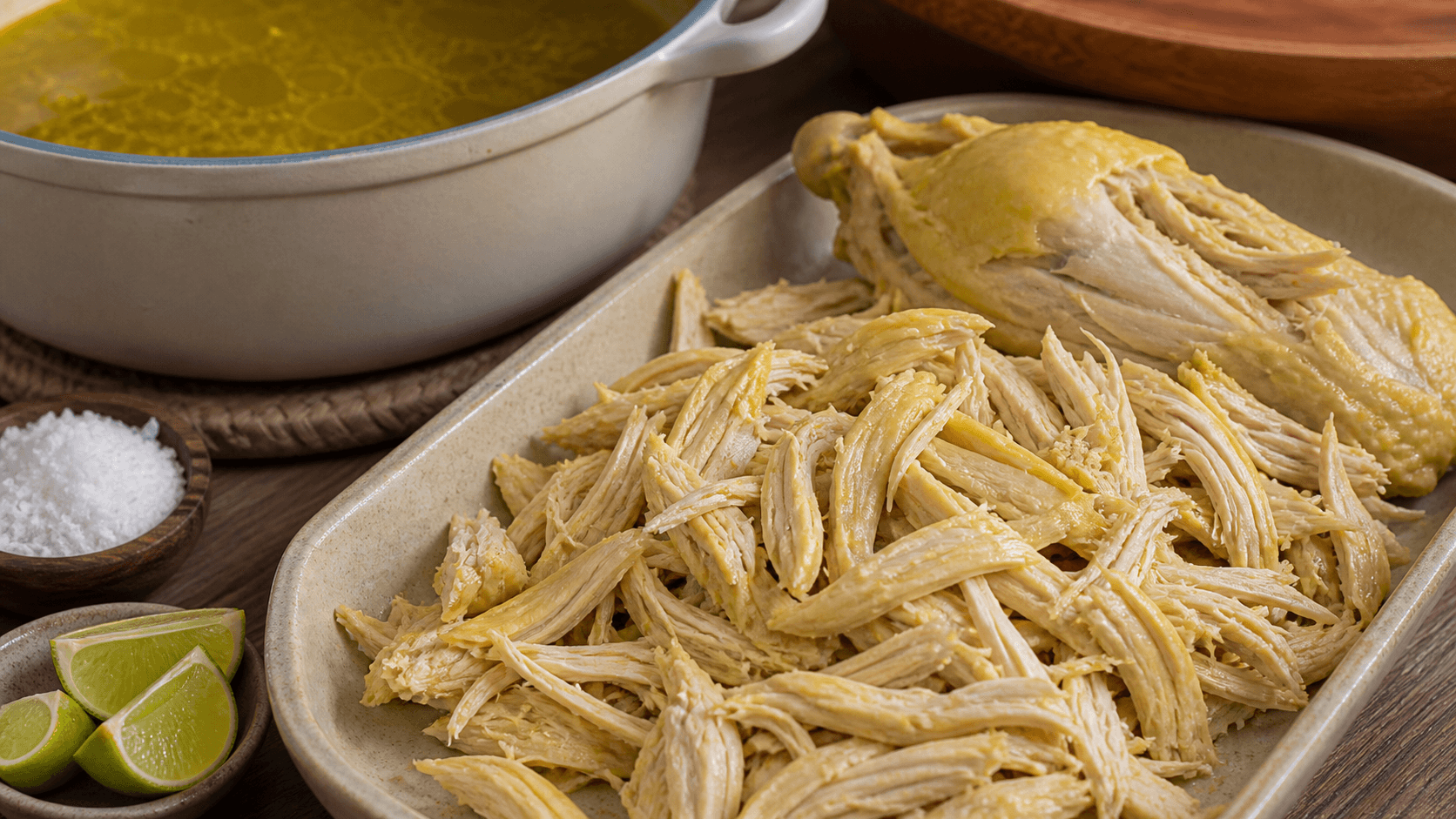 Soto Ayam, step 3, Shred chicken: Meat separates with gentle pressure.