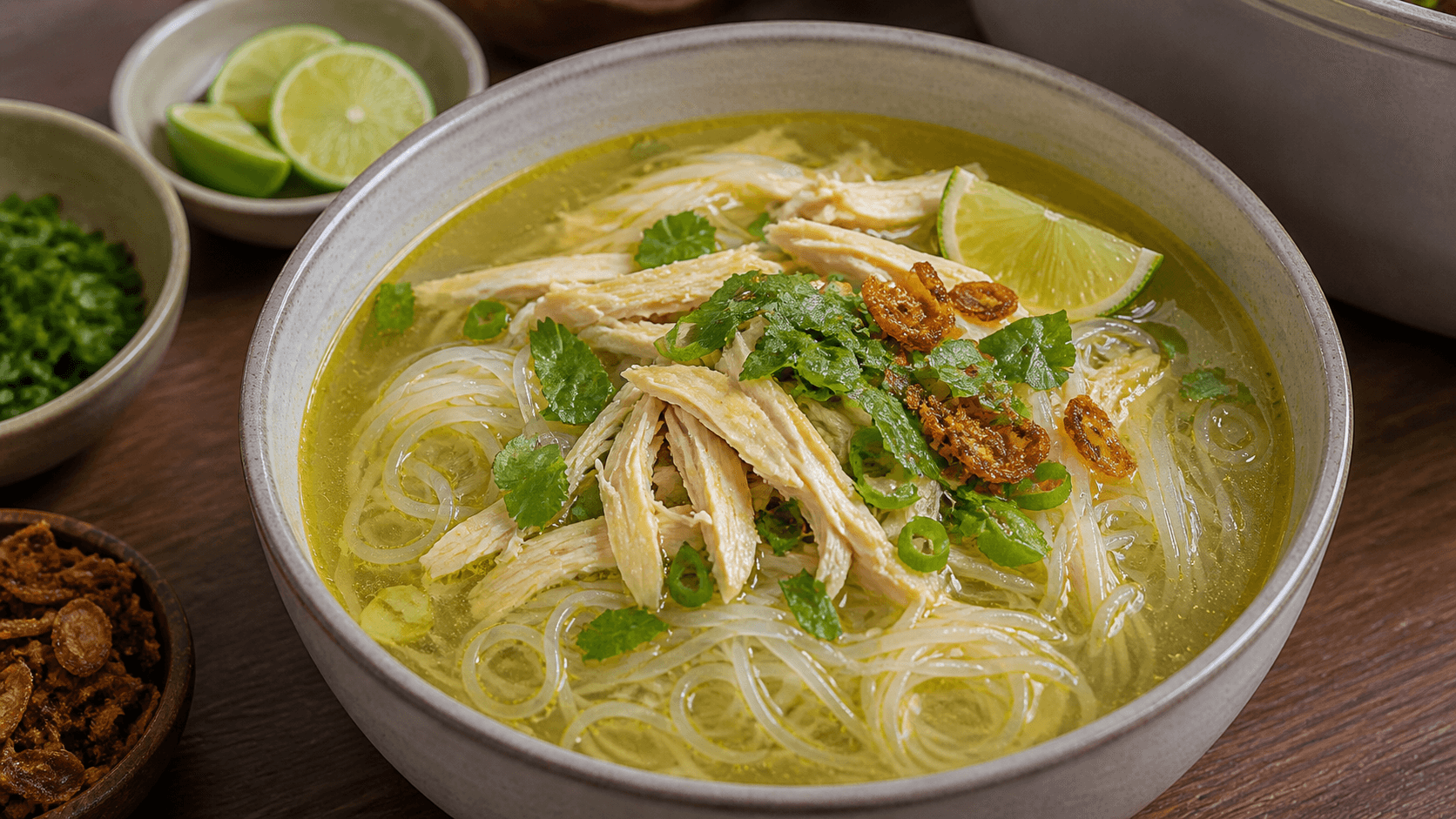 Soto Ayam, step 5, Serve hot: Bright herbs over clean golden soup.