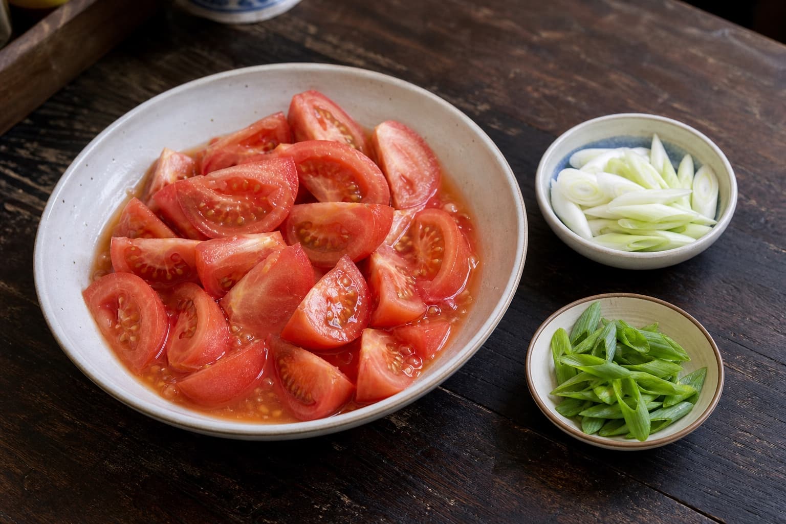 Tomato Egg Stir-Fry, step 1, Cut tomatoes without losing their juice: Plump tomato wedges sit in their own juice, with white and green scallion parts held separately.