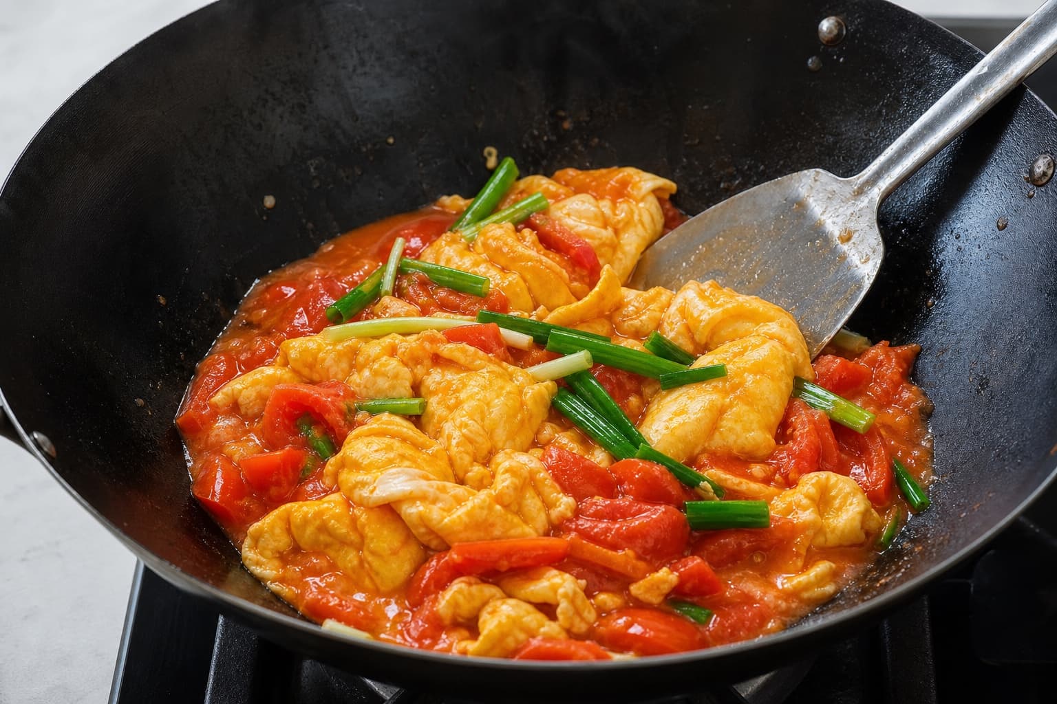 Tomato Egg Stir-Fry, step 5, Fold once, verify, and serve: Distinct golden folds hold red-orange sauce in their creases, with bright scallion and no watery pool.