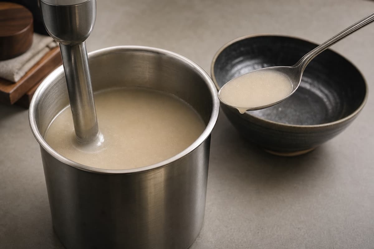 Tonkotsu Shoyu Ramen, step 5, Strain, standardise, and re-emulsify the broth: The finished broth is smooth opaque ivory, lightly coats a spoon, has no separate greasy slick, and sets into a firm collagen gel when chilled.