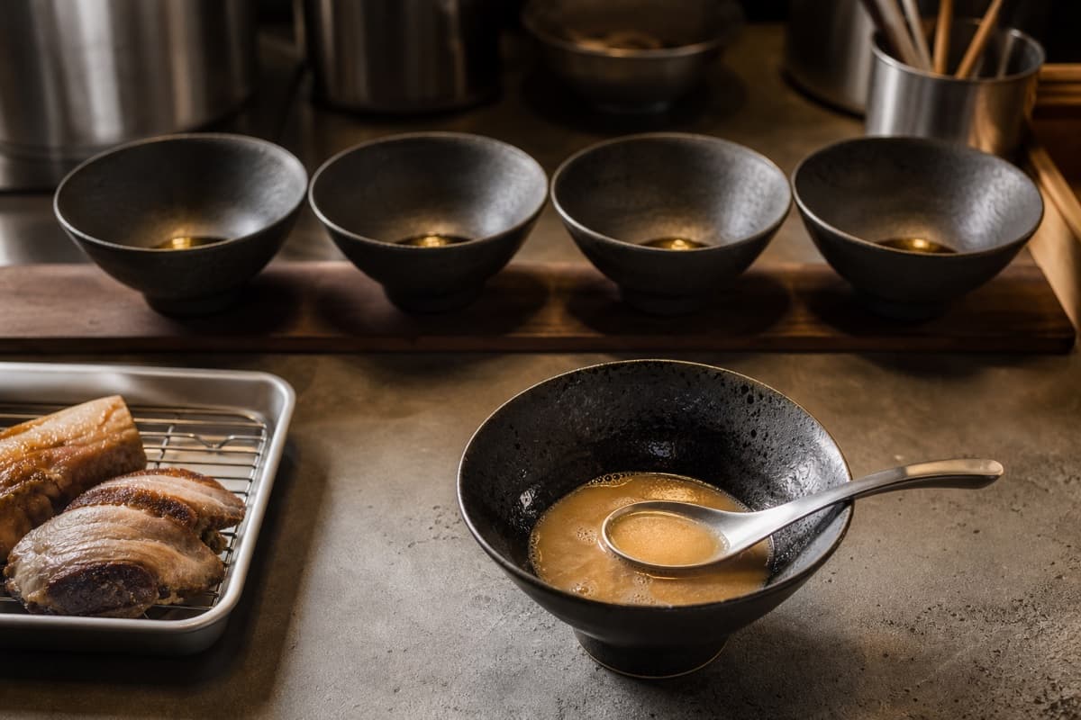 Tonkotsu Shoyu Ramen, step 7, Calibrate tare and stage hot bowls: The test broth tastes slightly more seasoned than standalone soup because 130 g noodles will soften the salinity.