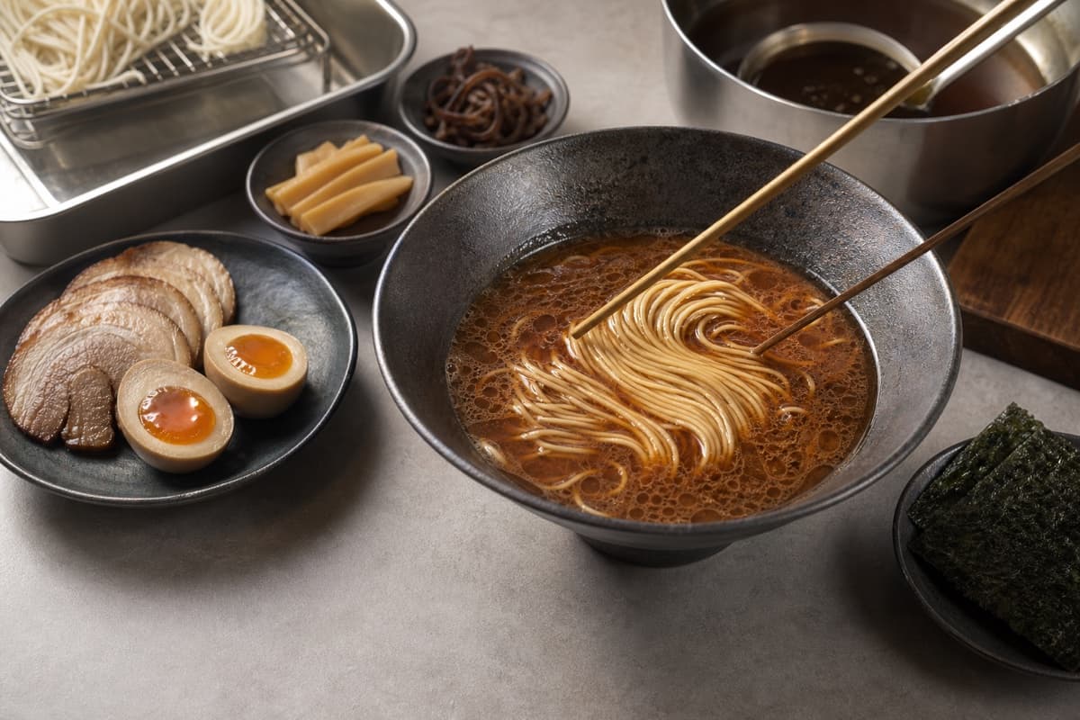 Tonkotsu Shoyu Ramen, stage 8: Cook noodles and assemble each bowl in sixty seconds