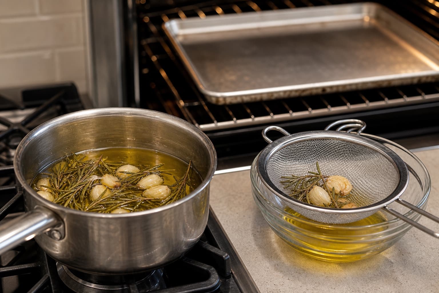 Ultra-Crispy Smashed Potatoes, step 1, Heat the tray and perfume the oil: Oil smells clearly of rosemary and garlic, but neither aromatic is brown.