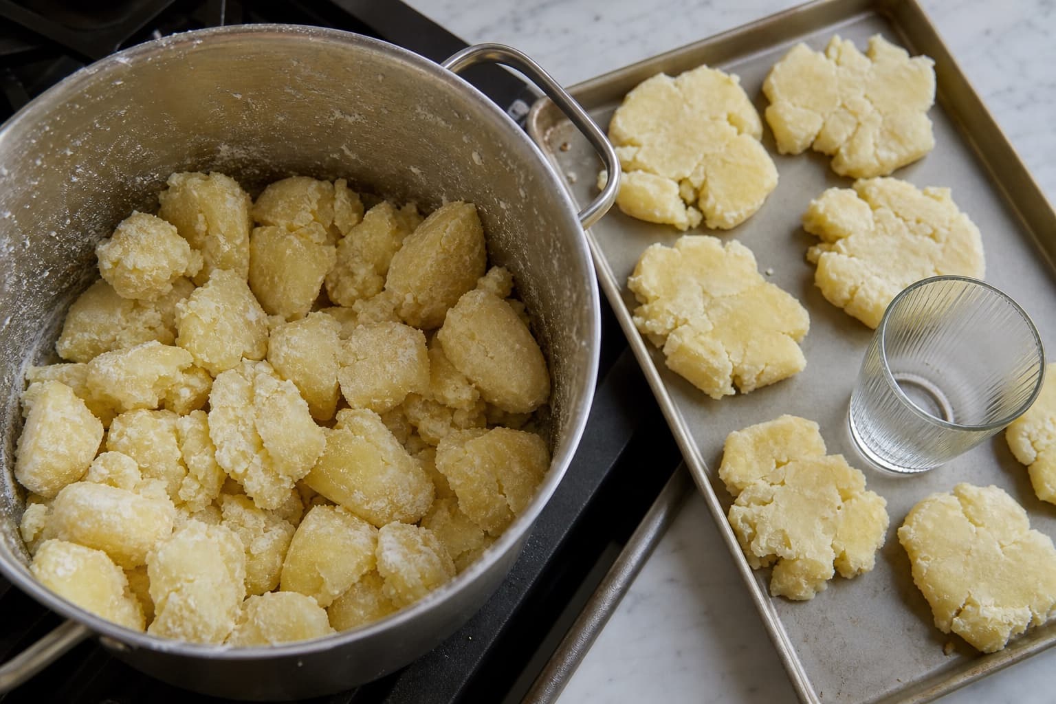 Ultra-Crispy Smashed Potatoes, step 3, Steam-dry, rough, and smash: Potatoes look dry and craggy, with broken edges and a thick starchy coating.