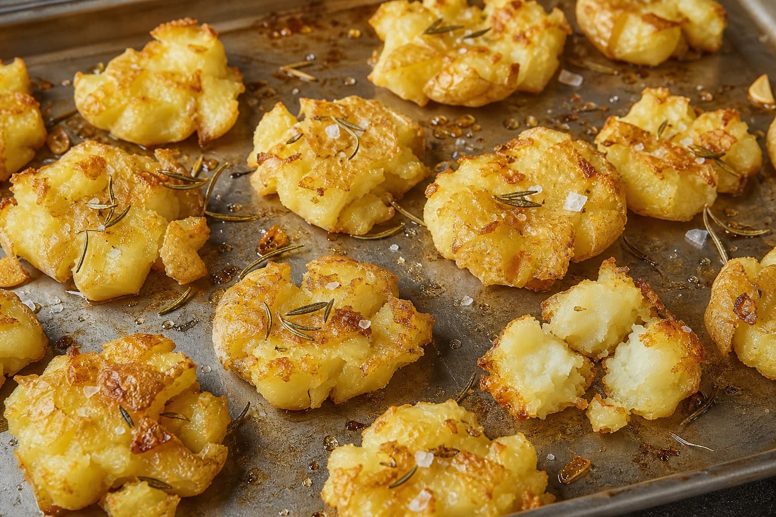 Ultra-Crispy Smashed Potatoes, step 5, Turn and finish golden: Edges sound brittle against the tray and a broken piece reveals a fluffy steaming centre.