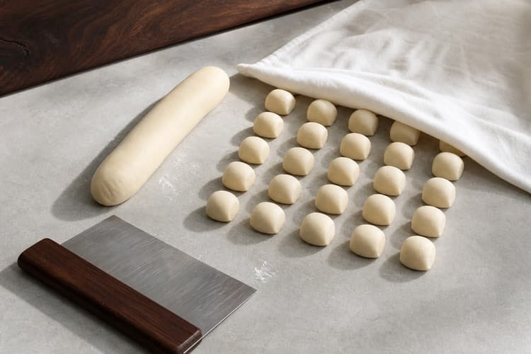 Xiao Long Bao method step 2, Knead rest and divide the wrapper dough: The rested dough is smooth, soft, and springs back slowly without cracks or sticky smears.