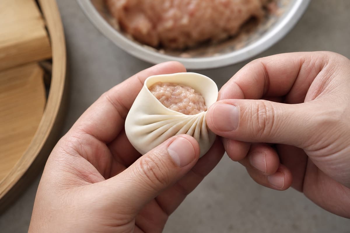 Xiao Long Bao, step 5, Portion pleat and seal without chasing a number: The raw dumpling stands upright with a symmetrical pouch, narrow pleats, a small sealed top, and no grease or filling on the seam.