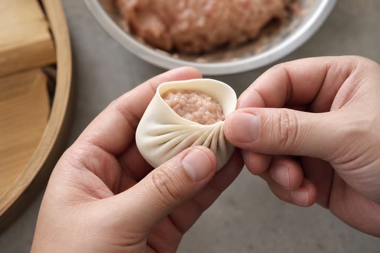 Xiao Long Bao method step 5, Portion pleat and seal without chasing a number: The raw dumpling stands upright with a symmetrical pouch, narrow pleats, a small sealed top, and no grease or filling on the seam.