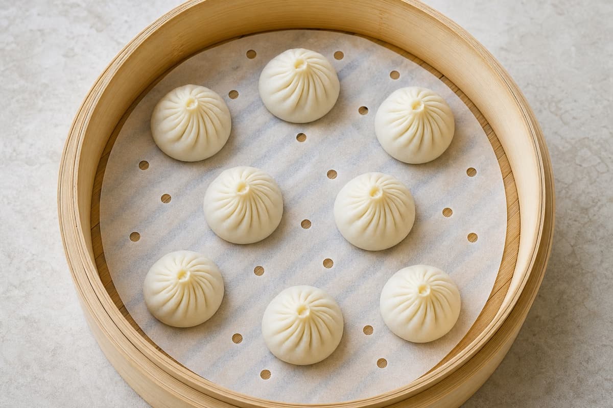 Xiao Long Bao, step 6, Line and space the steamer: Every matte raw dumpling has open space to expand and every liner opening remains visible between them.