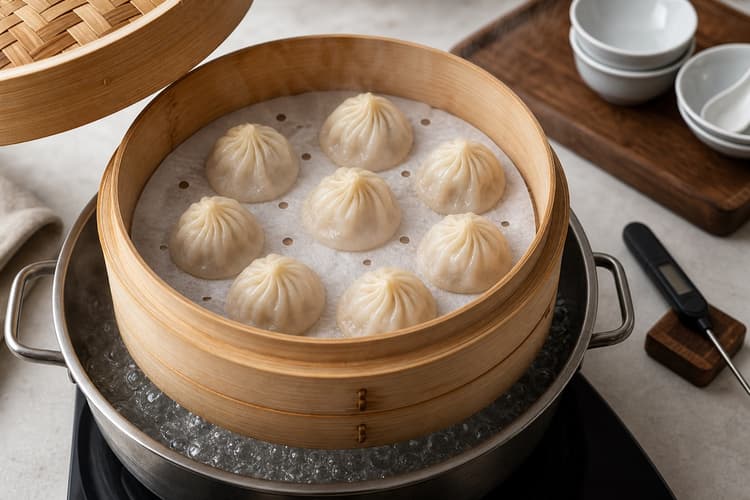 Xiao Long Bao method step 7, Steam high and verify the first batch: Wrappers are glossy and semi-translucent, pleats remain defined, dumplings look slightly inflated, and no soup has leaked.