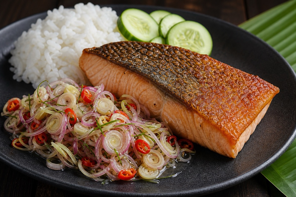 Crispy-Skin Salmon Sambal Matah plated dish reference