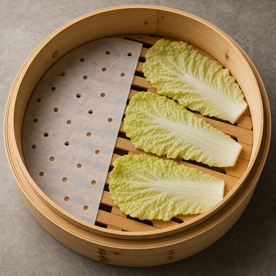 Perforated parchment or napa cabbage leaves
